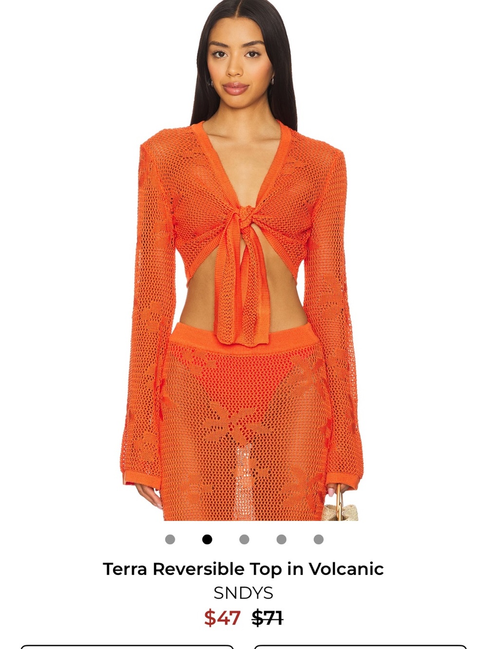 SNDYS Volcanic Orange Tie-Front Mesh Coverup Top